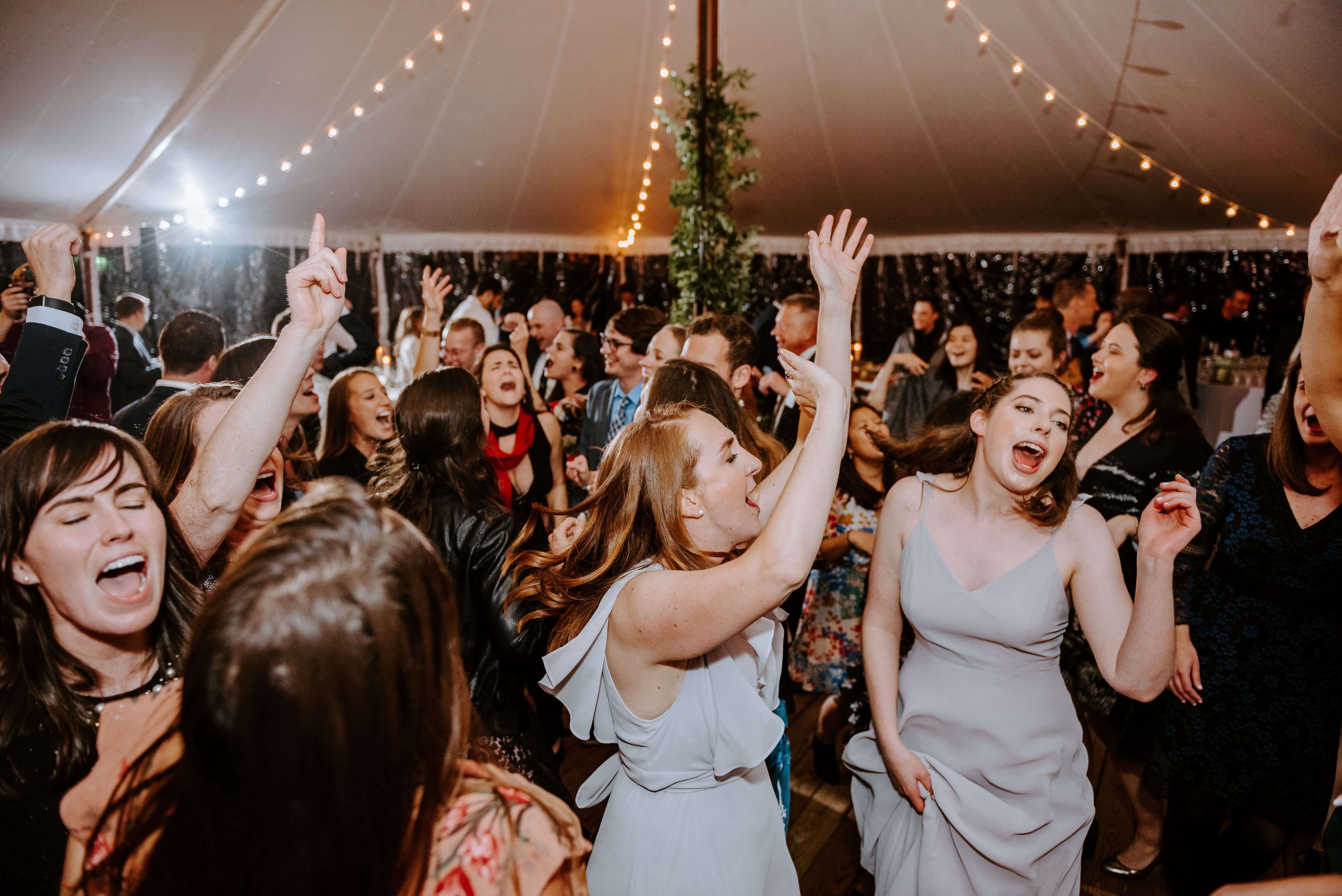bridesmaids and other women singing and dancing at wedding