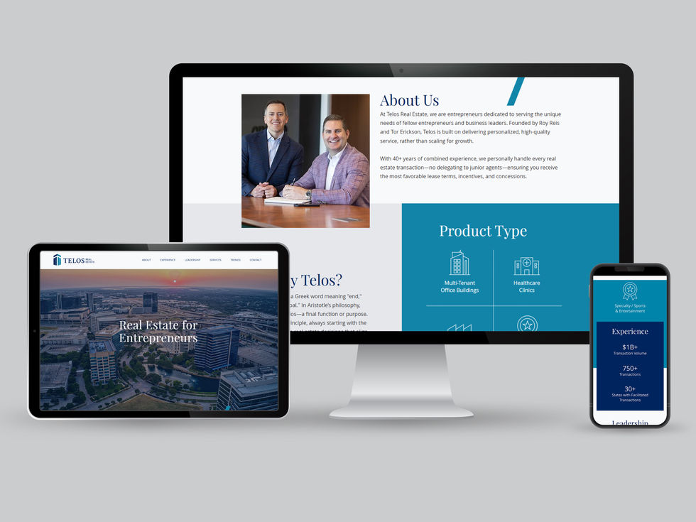 Telos Real Estate, North Texas, Commercial Real Estate, Commercial Real Estate Advisor, Entrepreneur, Office, Industrial, Flex, Specialty, Website, Website Development, Redesign