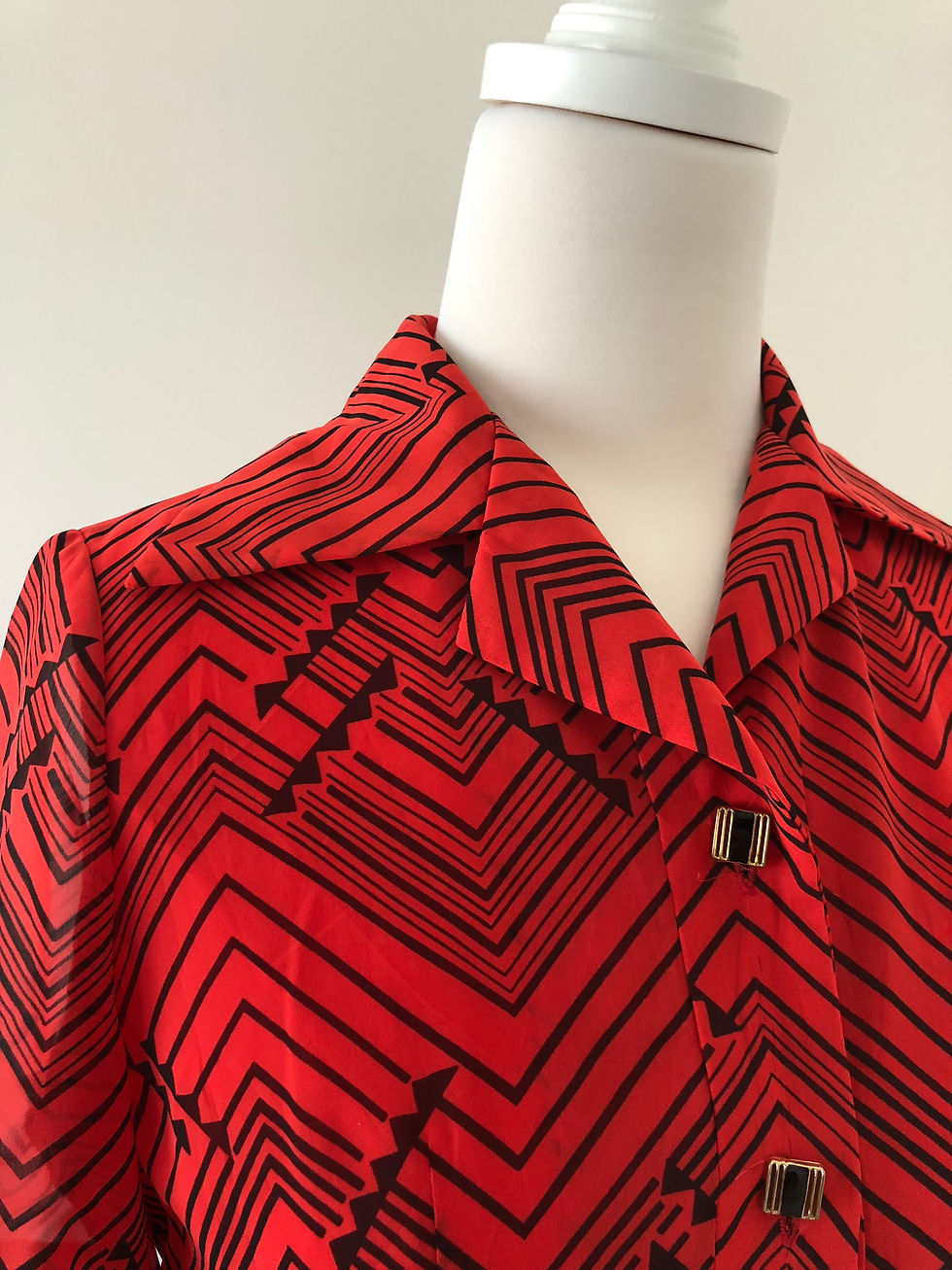 Thumbnail: 70s Vintage Red and Black Dress, Button Down, Geometric Pattern