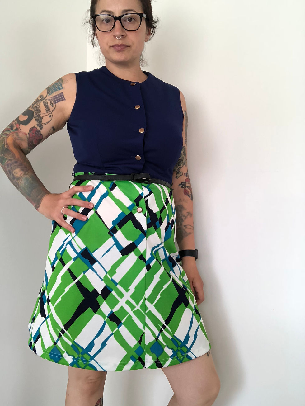 Thumbnail: 60s/70s Vintage Blue, Green and White Dress