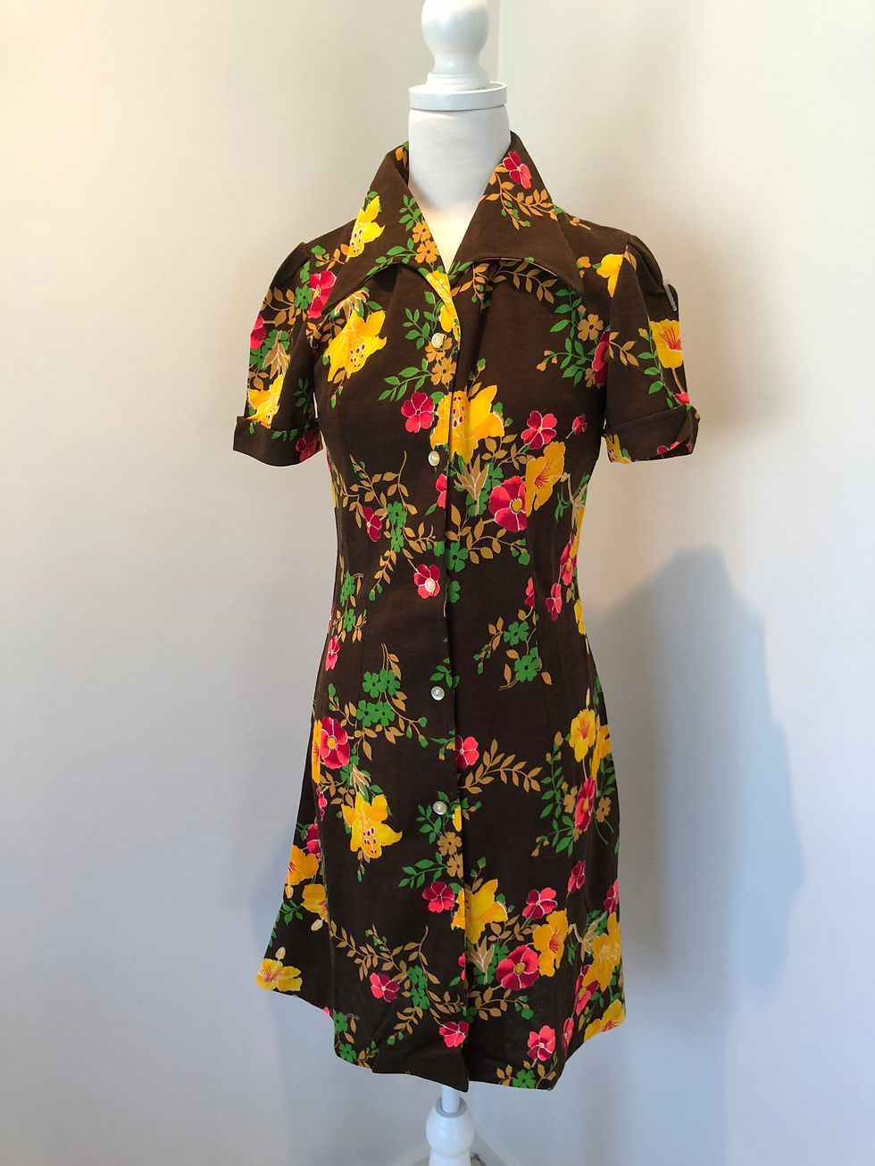 Thumbnail: 60s/70s Brown Floral Button Down Dress