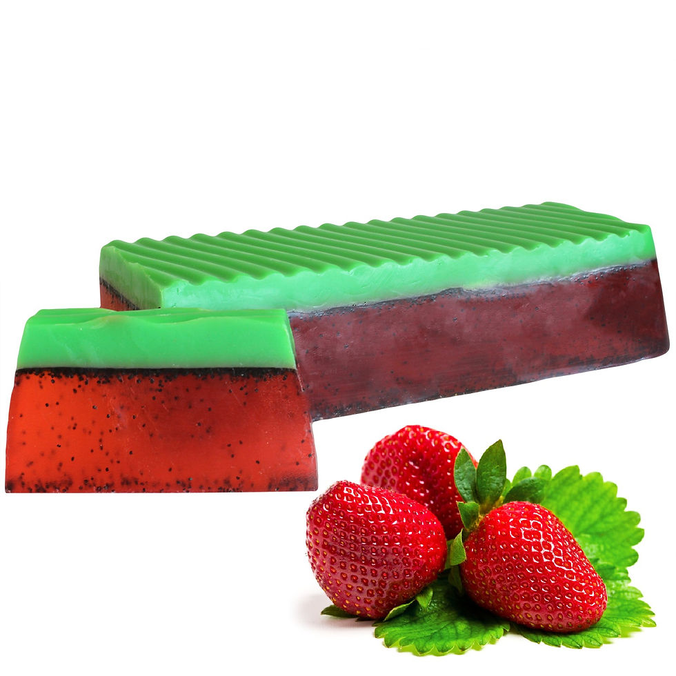 Strawberry Soap Loaf with sweet, fruity fragrance, shrink-wrapped with an outer label.
