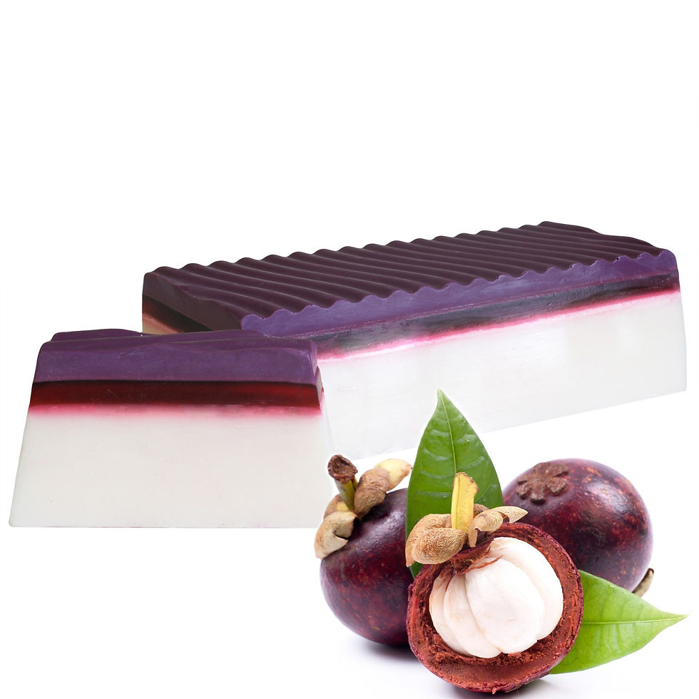 Mangosteen Soap Loaf with sweet, tangy fragrance, shrink-wrapped with an outer label.