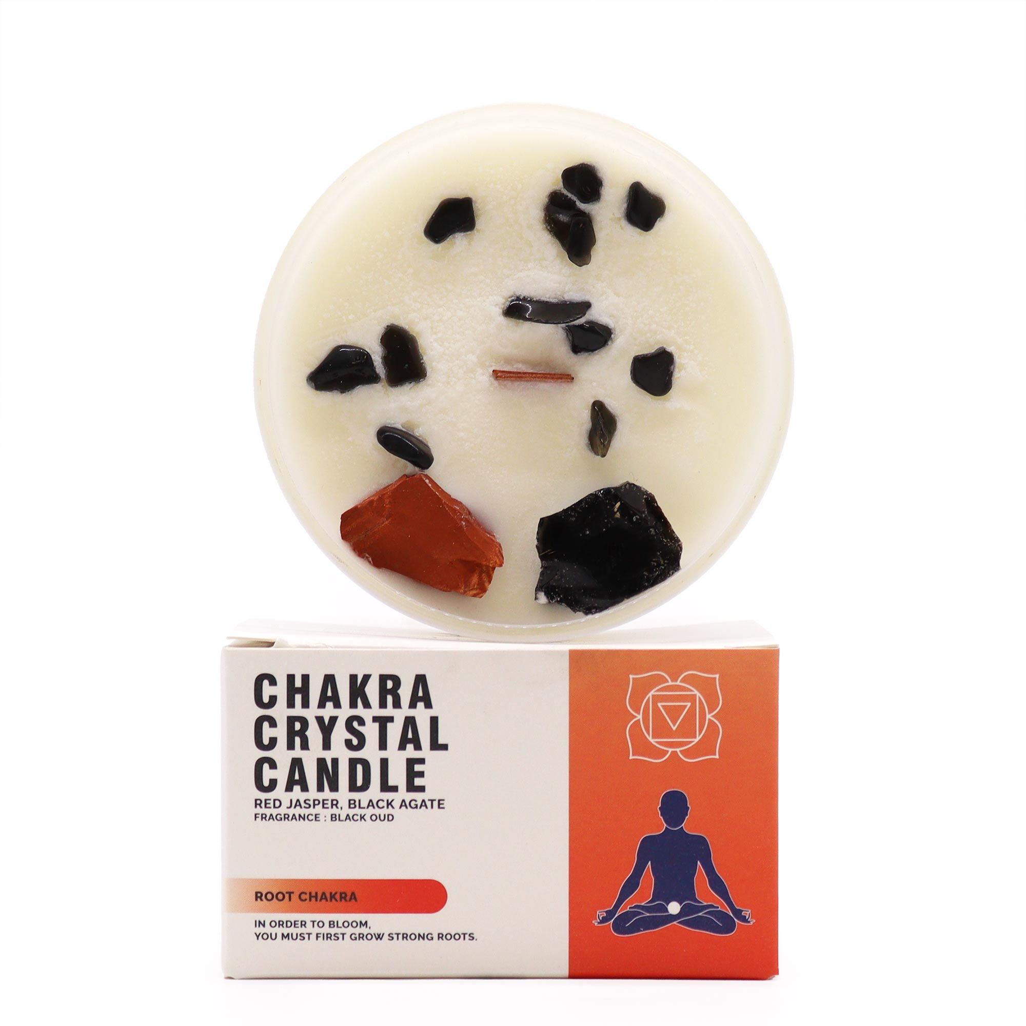 Root Chakra Crystal Candle with Black Oud fragrance, Red Jasper, and Black Agate gemstones for grounding and stability.