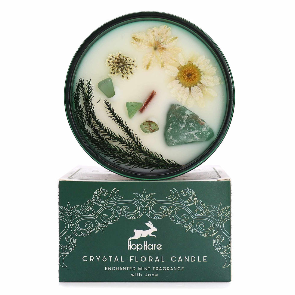 Hop Hare Crystal Magic Flower Candle with Jade gemstone and dried flowers, inspired by The Magician tarot card, featuring Enc
