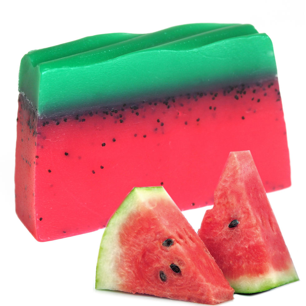 Handmade Watermelon Soap slice wrapped in waxed paper, offering a tropical cleansing and moisturizing experience.