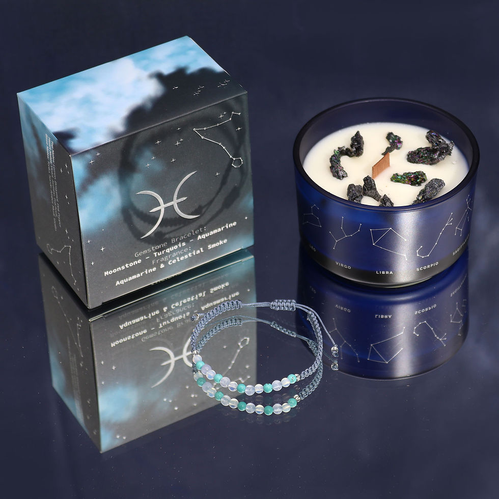 Zodiac Crystal Candle for Pisces with gemstone bracelet featuring amethyst, lapis lazuli, and hematite.