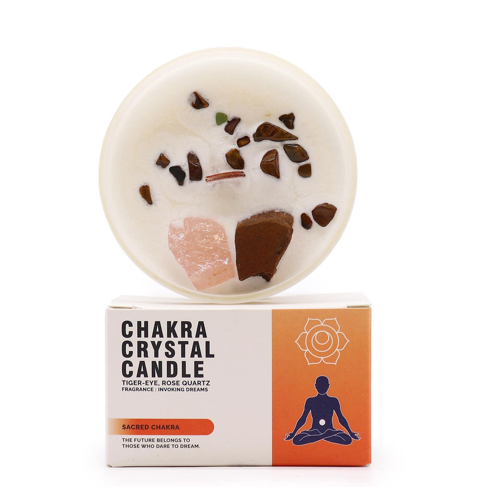 Sacral Chakra Crystal Candle with warm fragrance, Carnelian, and Orange Aventurine gemstones for creativity and passion.