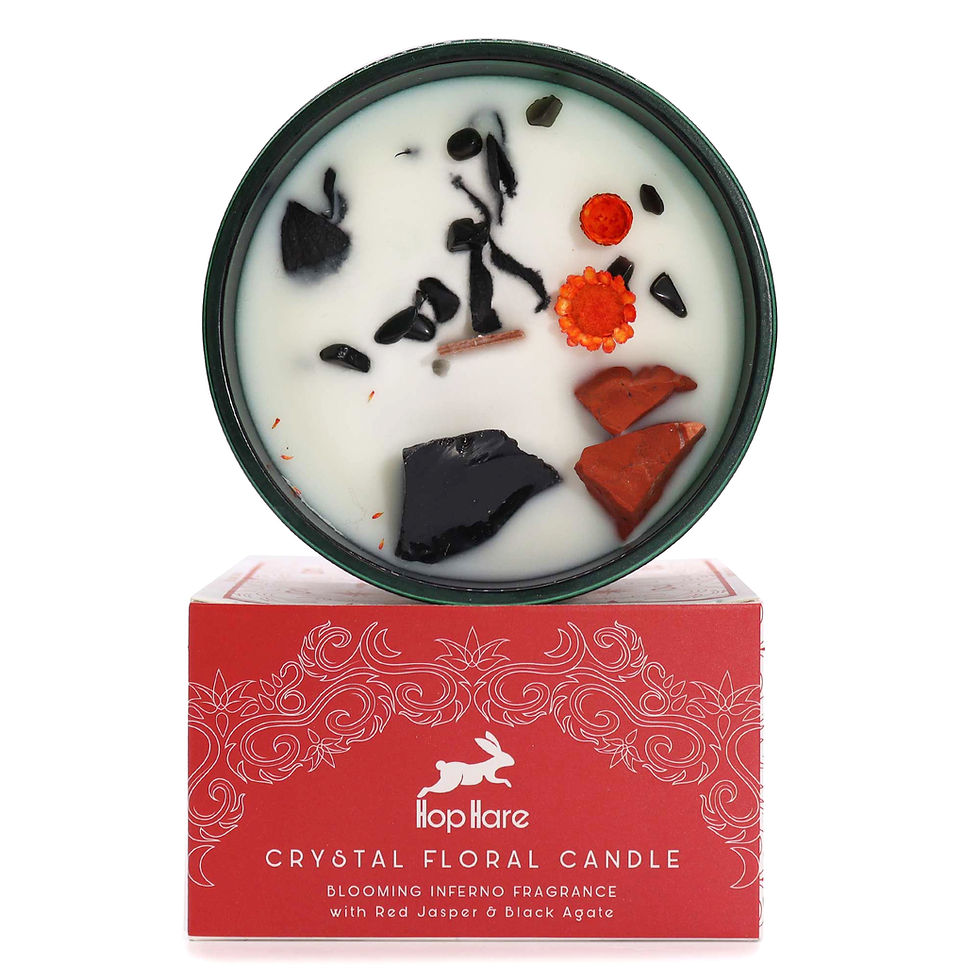 Hop Hare Crystal Magic Flower Candle with Jade gemstone and dried flowers, inspired by The Devil tarot card, featuring Enchan