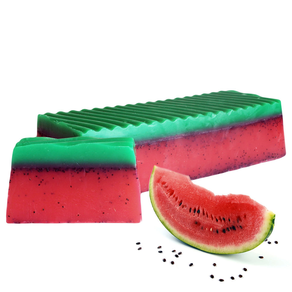 Watermelon Soap Loaf with a sweet, tropical fruity fragrance, shrink-wrapped with an outer label.