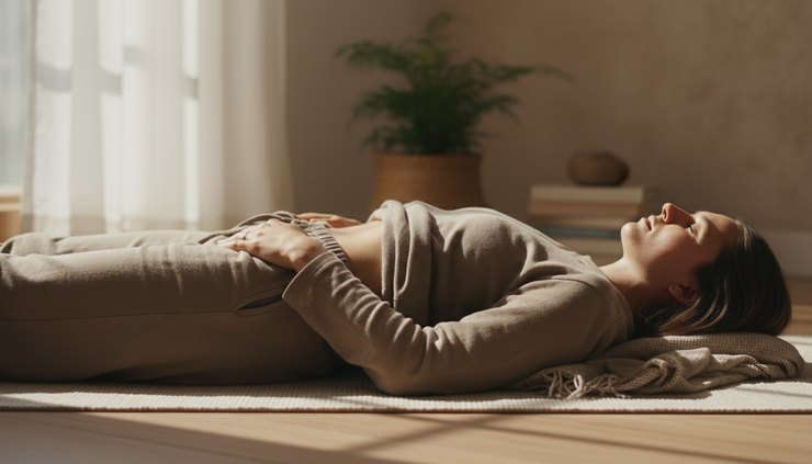 Gros plan d’une personne posant une main sur son ventre pendant une respiration lente