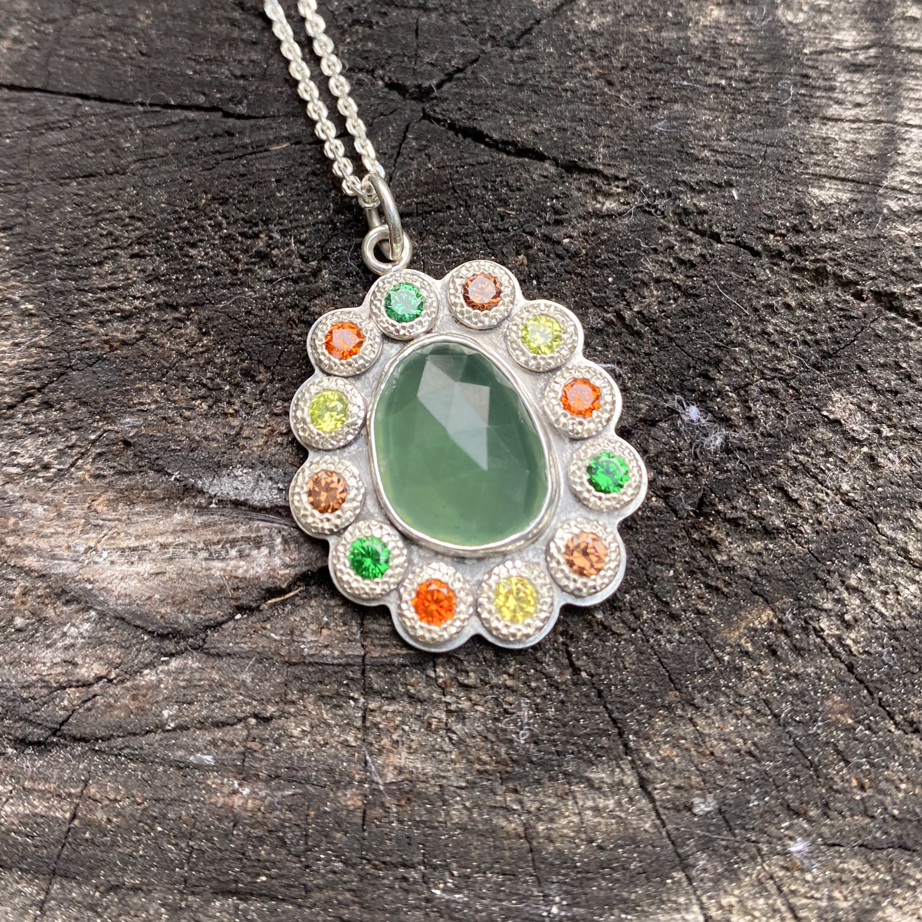 Green Serpentine and Zirconia Necklace