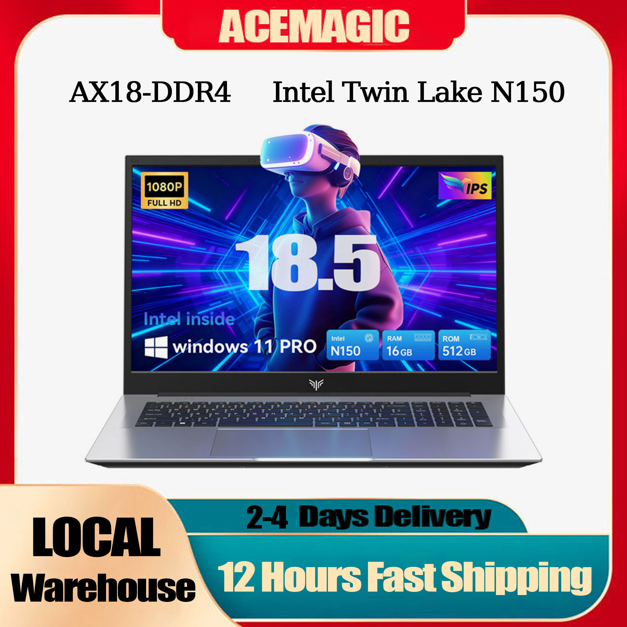 ACEMAGIC 18.5"Laptop Computer Windows 11 PRO 8000 mAh Battery Intel N150 Quad-Co