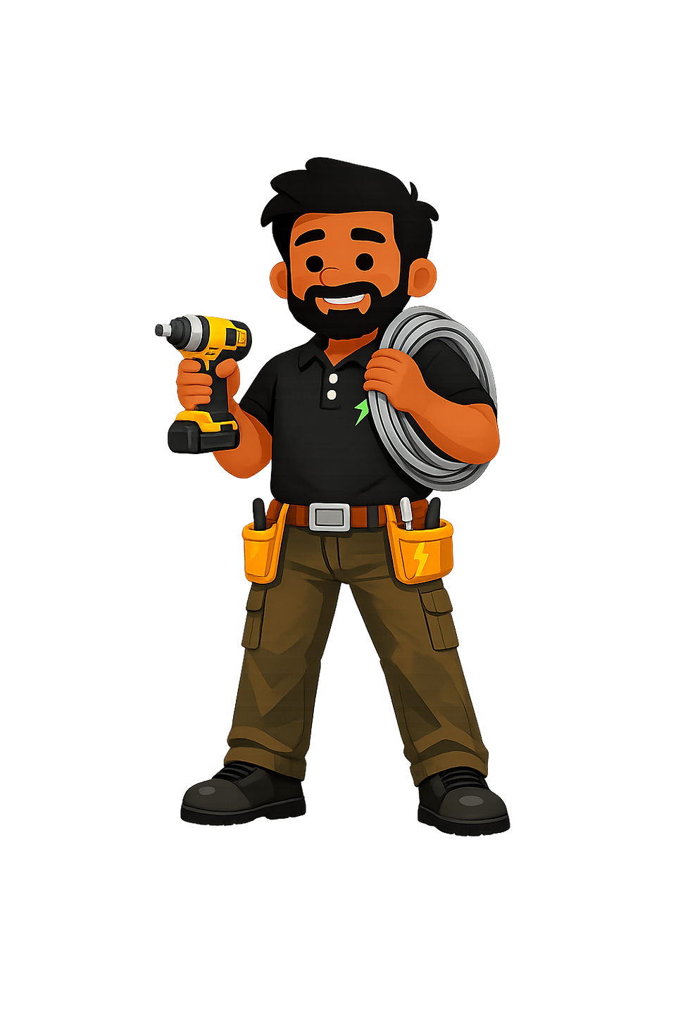 Smiling cartoon handyman holding a power drill and cable coil.