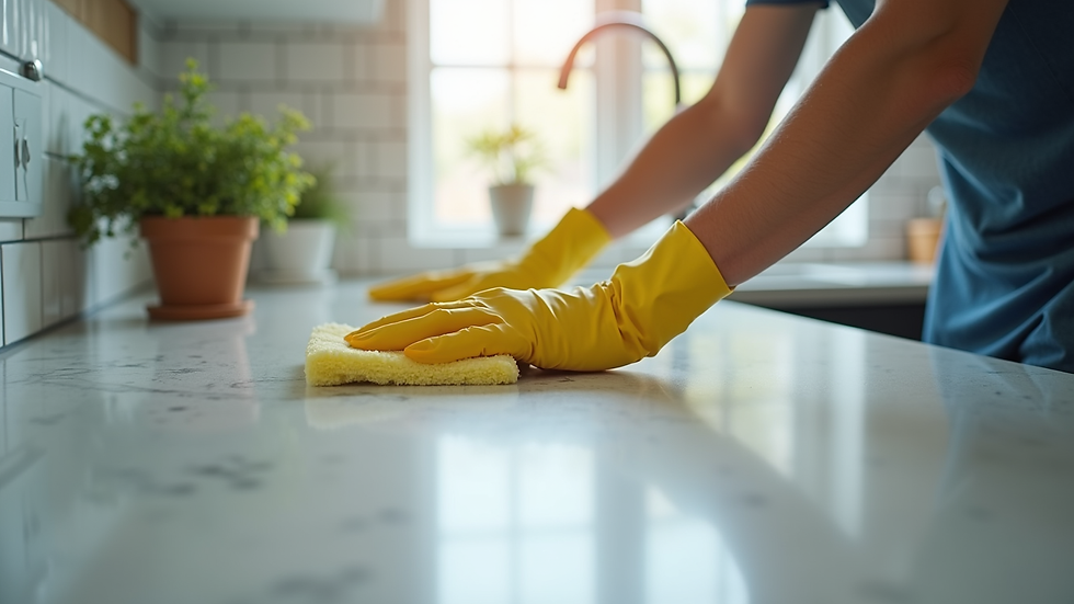 Close-up view of a cleaner polishing a kitchen countertop