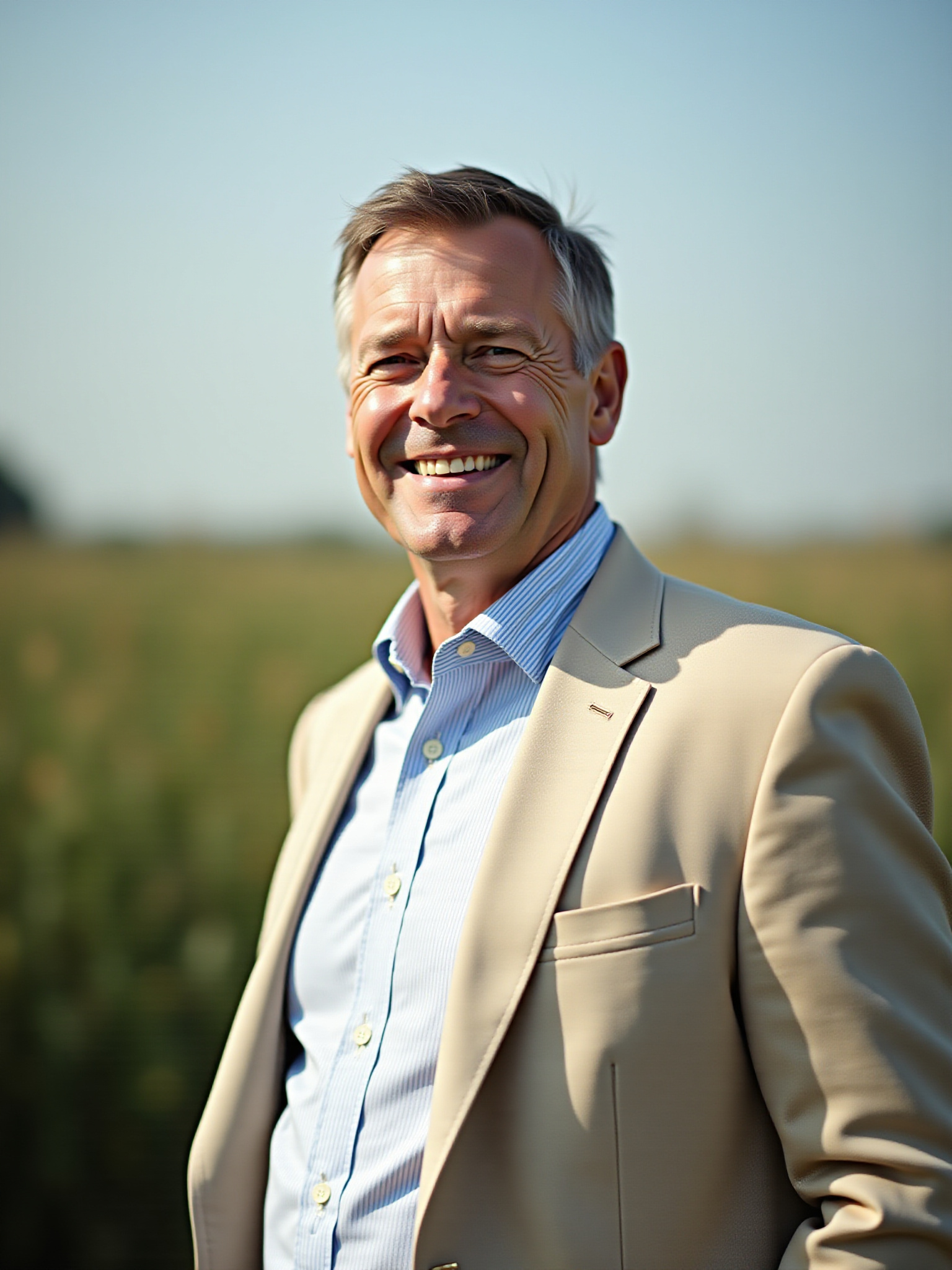 Portrait of a smiling professional man in beige jacket outdoors in field.