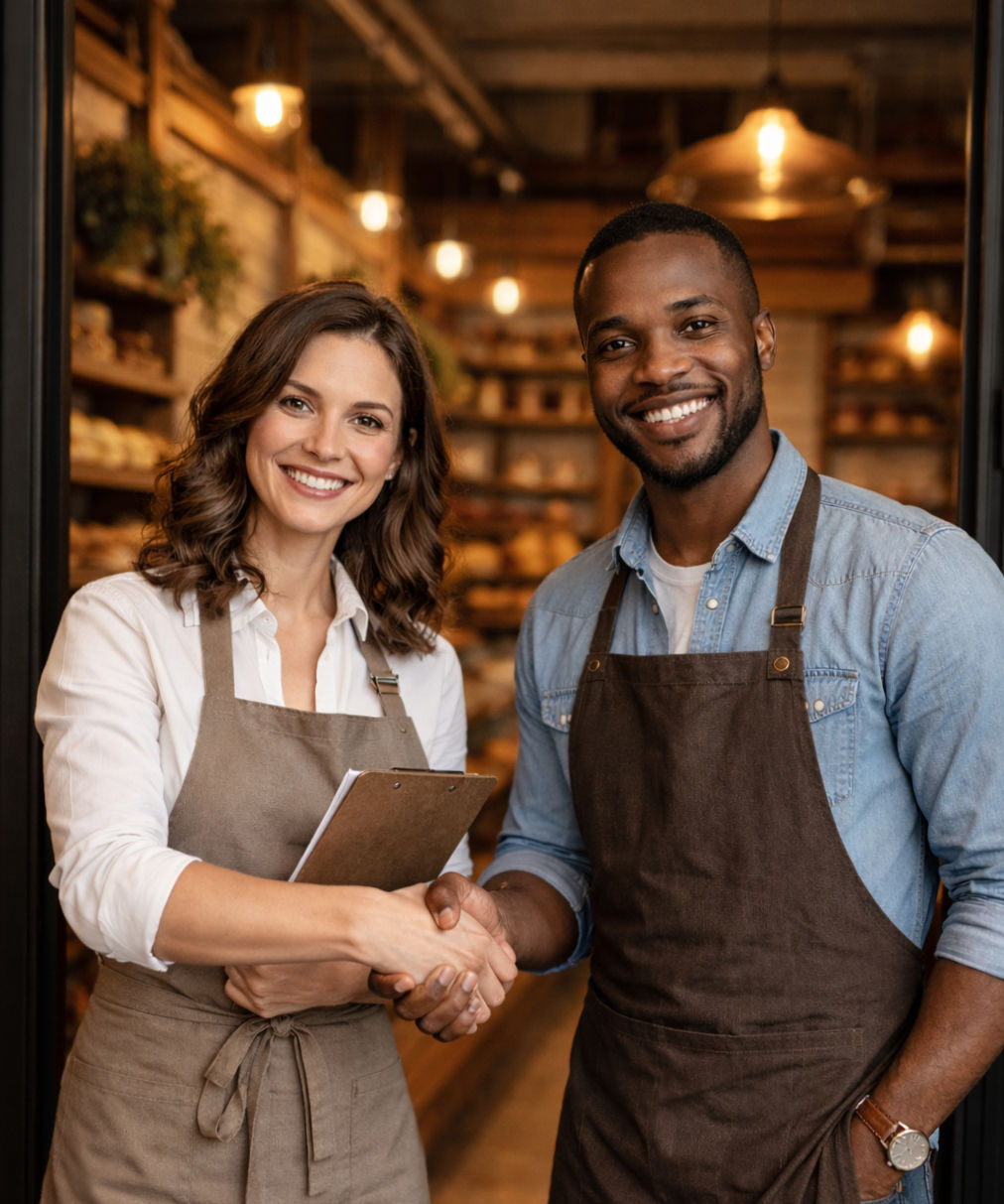 Smiling man and woman business owners shaking hands inside their store.