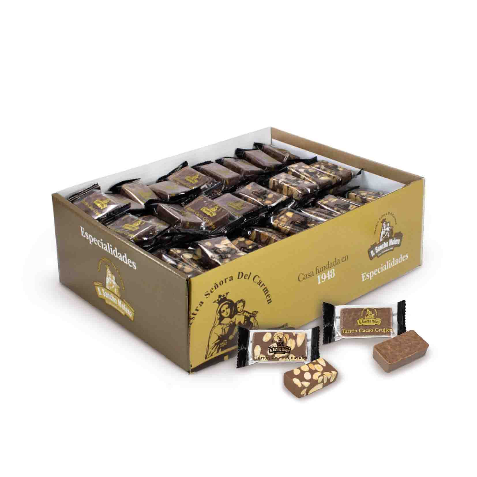 Turrón Cacao 38% Almendra y Turrón Crujiente con cobertura de Cacao y Arroz Inflado en caja granel de 4Kg.
