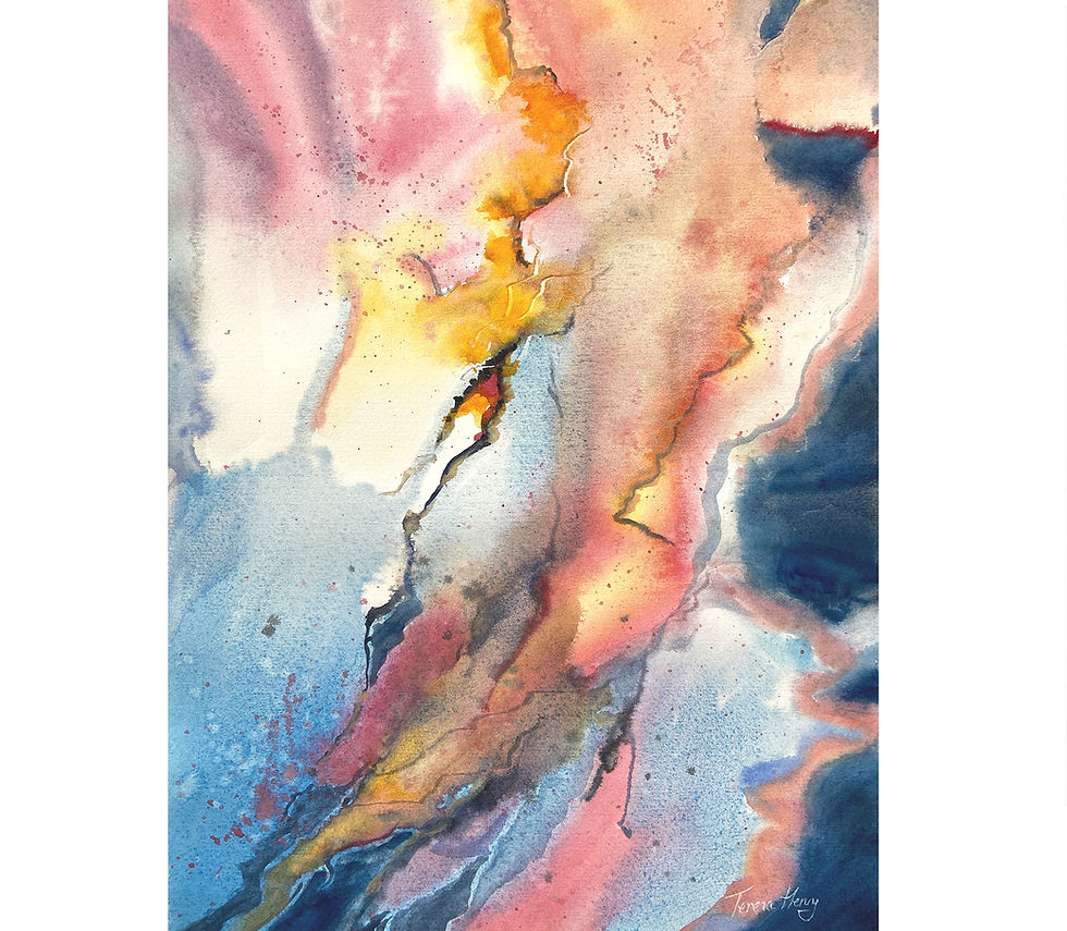 Original abstract watercolour painting Pulse, with flowing pink, blue, yellow and dark forms creating a sense of movement through the composition.