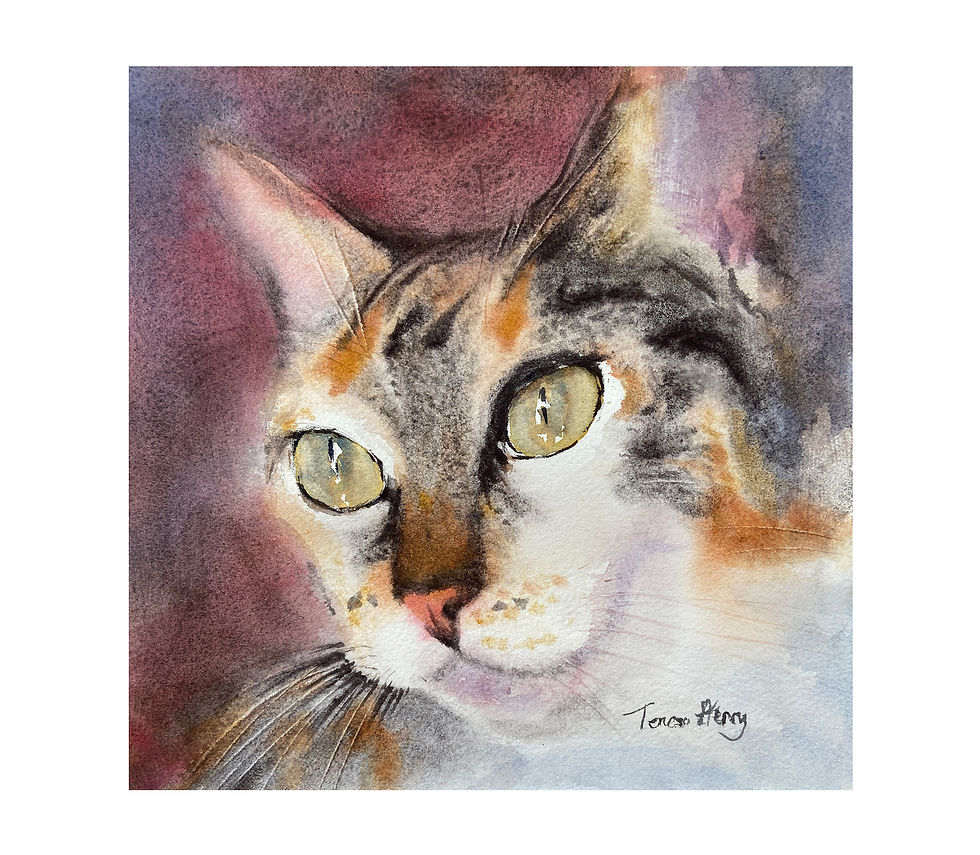 Original watercolour painting titled Happiness, depicting a calico cat with bright green eyes looking directly at the viewer.