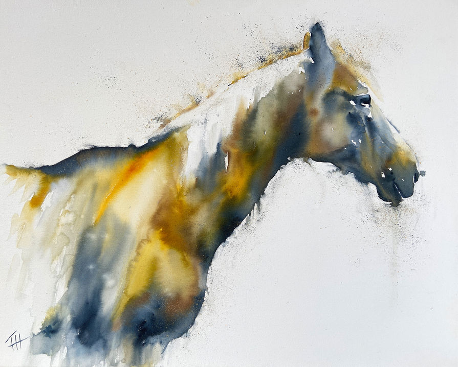 Original watercolour painting Presence, depicting an expressive horse in earthy gold, blue and grey pigments with an alert ear and calm, attentive stance.