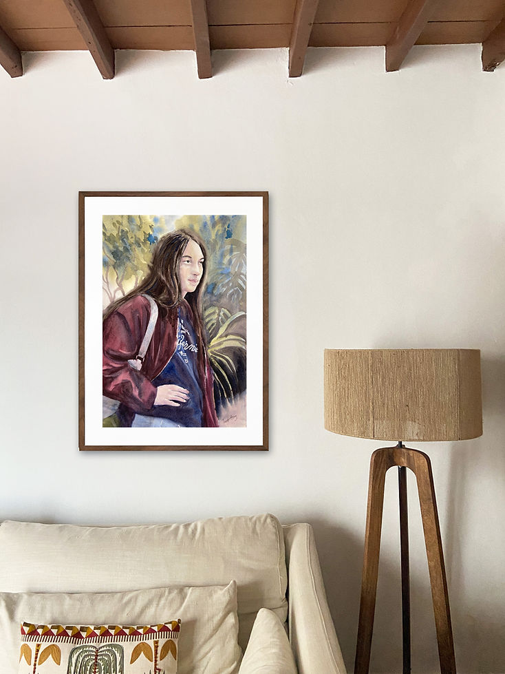 Original watercolour painting Contentment displayed above a cream sofa beside a wooden floor lamp in a warm, neutral home interior.