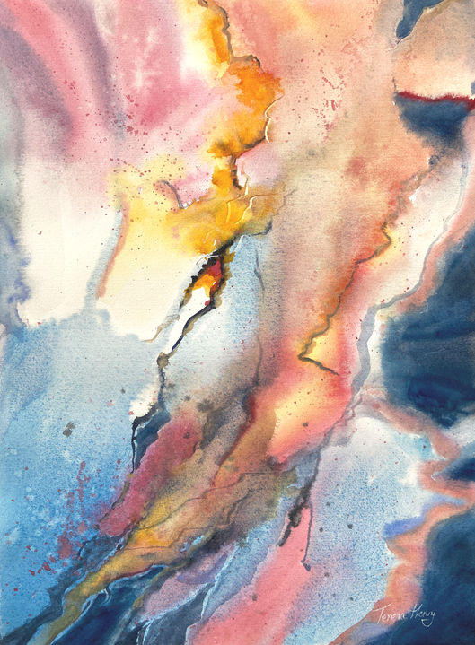 Original abstract watercolour painting Pulse, with flowing pink, blue, yellow and dark forms creating a sense of movement through the composition.