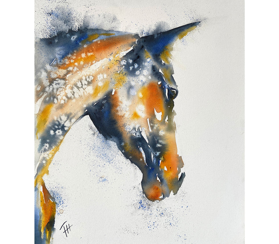 Original watercolour painting Contained Fire, depicting an expressive horse in deep blue and vivid orange pigments with its head lowered.