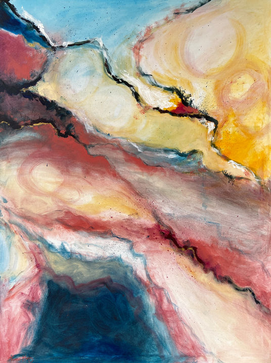 Original acrylic abstract painting Emergence, with sweeping blue, red, cream and yellow forms creating a strong sense of movement and energy.