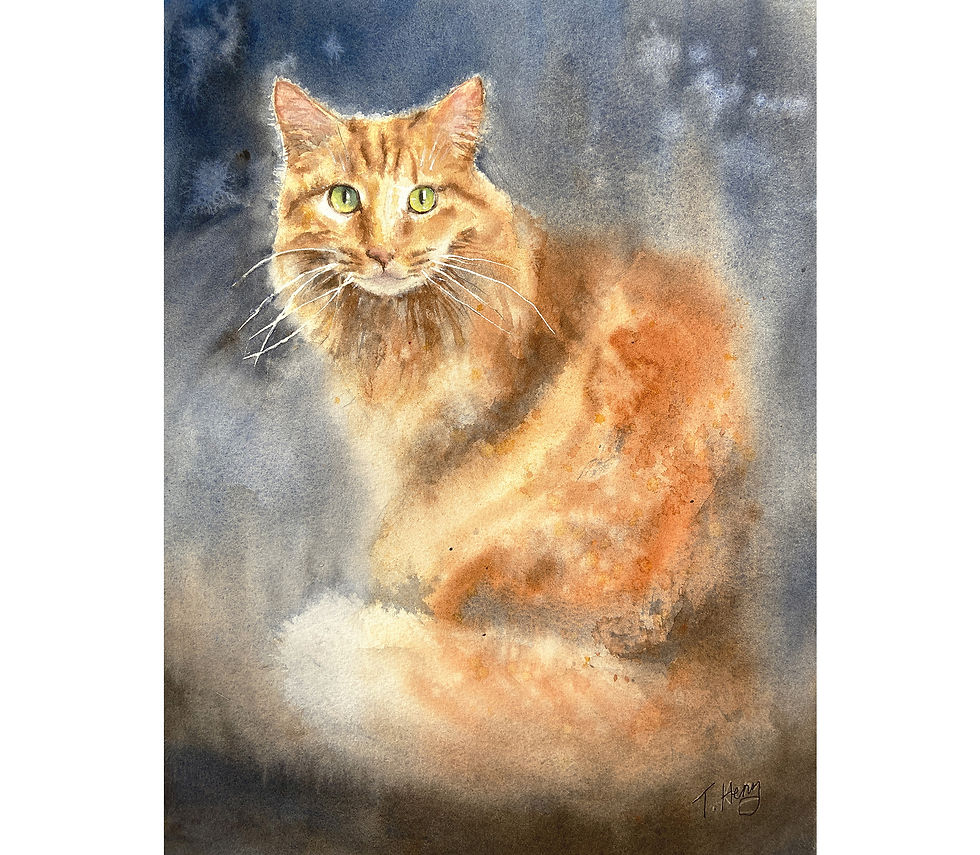 Original watercolour painting Seen, depicting a ginger cat with green eyes looking directly at the viewer against a deep blue atmospheric background.