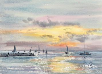 Sailboats at Sunset
Original watercolour  painting on 300gsm paper. 
Artwork size35.8cm x 25.8cm with a white border.
Paper size 41cm x 31cm