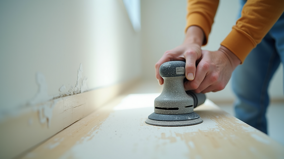 Close-up view of painter preparing wall surface with sanding before painting