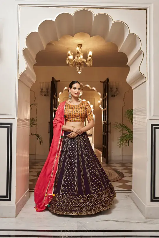 Buy Purple With Mustard Color Embroidered Semi Stitched Bridal Lehenga Choli