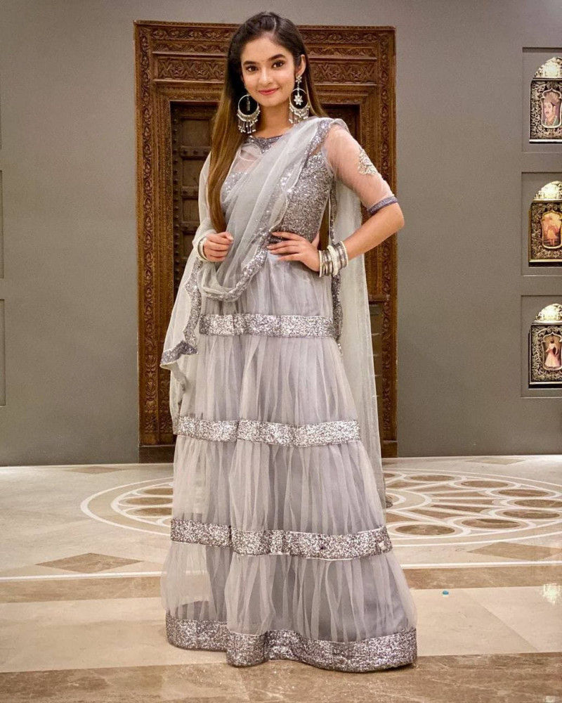 Latest Designer Amazing Grey Soft Net Embroidery With Sequins Lehenga