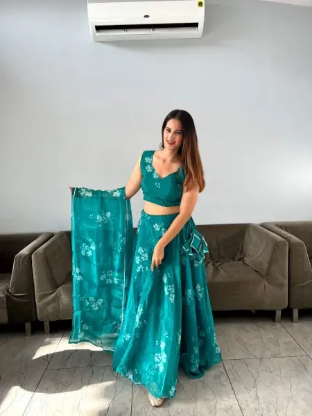 Buy Party Wear Organza Silk Digital Printed Aqua Green Lehenga Choli