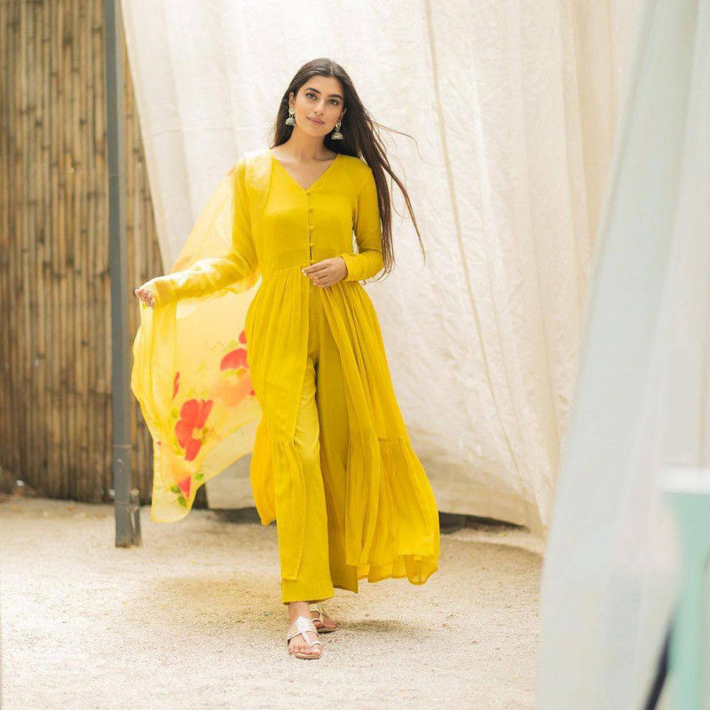 Thumbnail: Buy Attractive Yellow Colored Georgette Full Sleeve Jacket Shrug Cotton Straight
