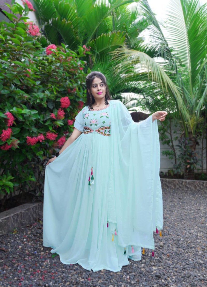 Thumbnail: Buy Fashionable Sky Blue Party Wear Gown