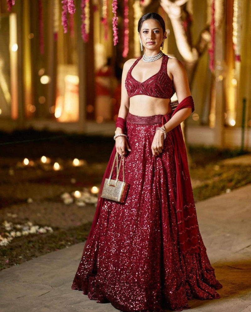 Thumbnail: Buy Designer Bridal Wear Sargun Mehta Embroidery Sequence Work Lehenga Choli Wi