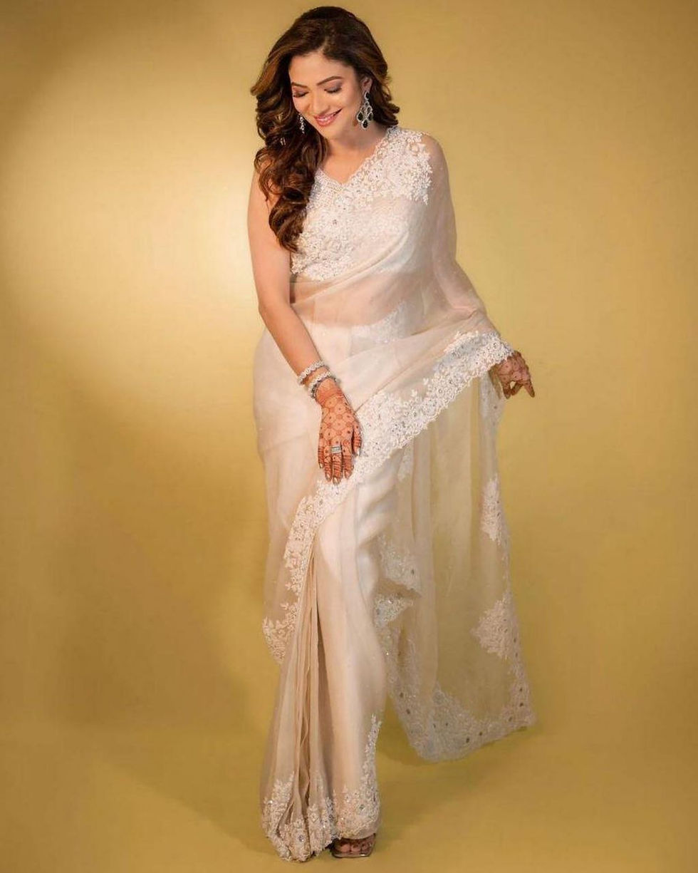 Buy Alluring White Thai Organza Silk Cut Pearl Work Saree With Blouse