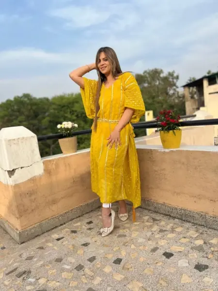 Buy Fashionable Yellow Color Foil Work Kaftan Kurta