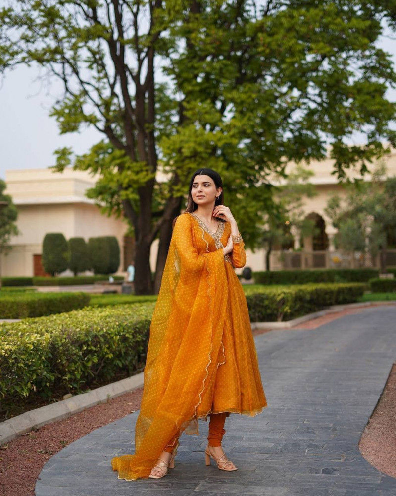 Thumbnail: Buy Bollywood Yellow Colored Georgette Printed Anarkali Suit For Women