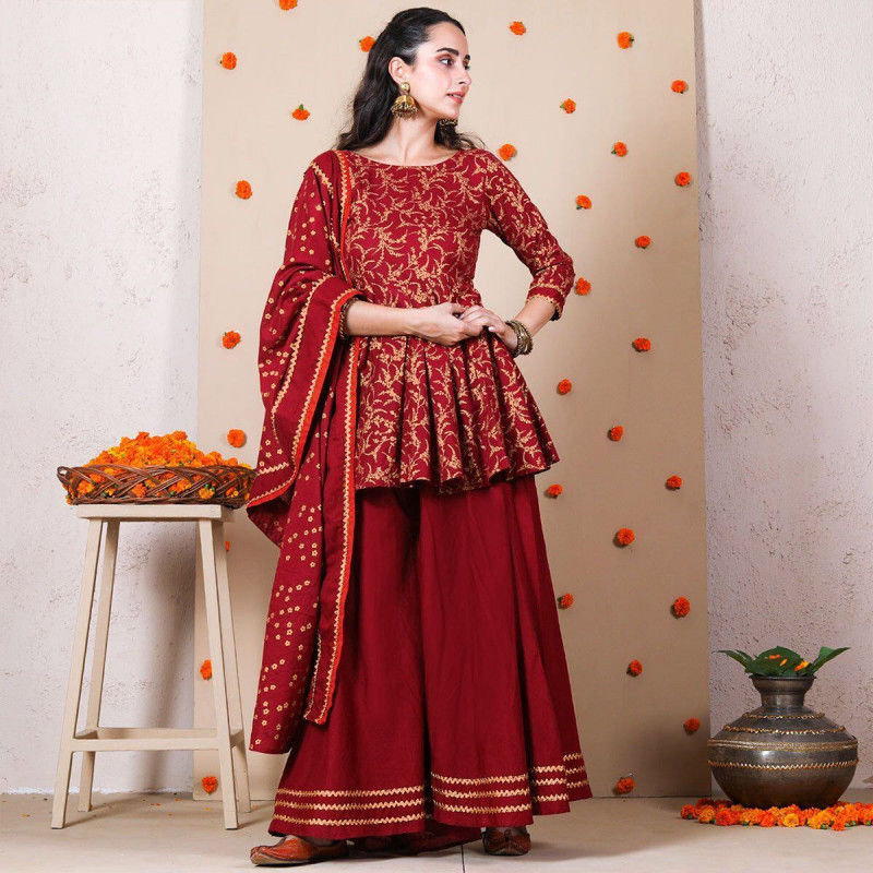 Now Trending Stylish Red Colored Palazzo Suit