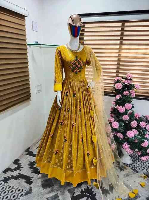 Buy Wedding Wear Yellow Colored Embroidery And Sequins Work Gown