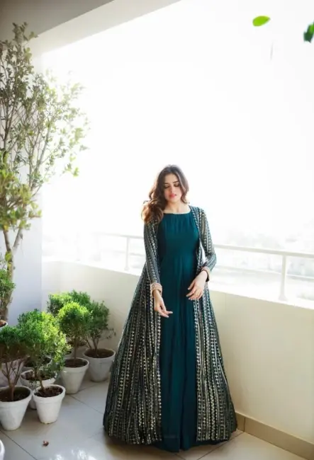 Buy Teal Blue Color Plain Gown With Full Sequence Work Shrug