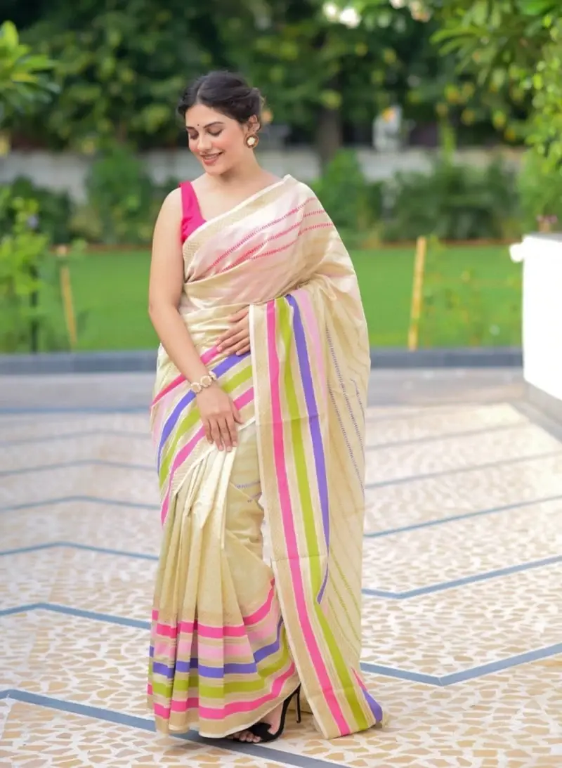 Buy Attractive Off White On Multi-color Striped Soft Silk Saree