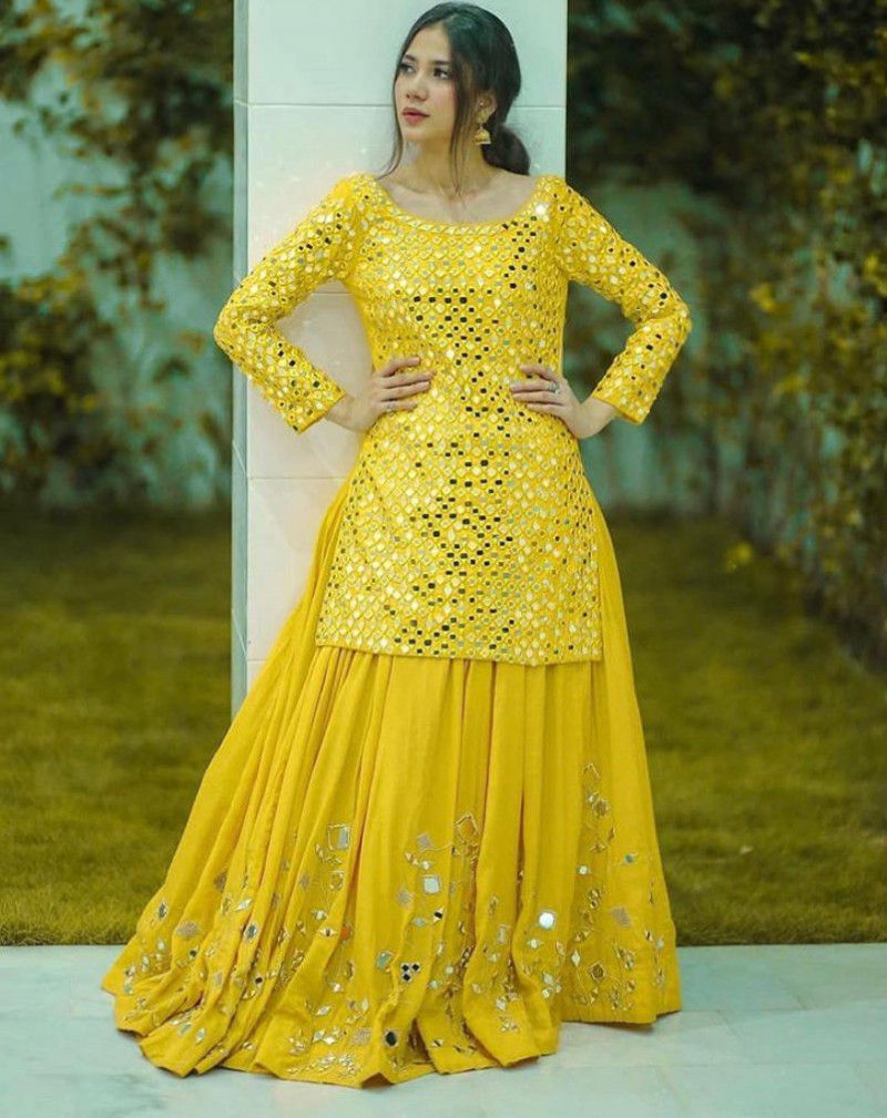 Buy Stylish Lehenga With Mirror Work Yellow Colored Online Top