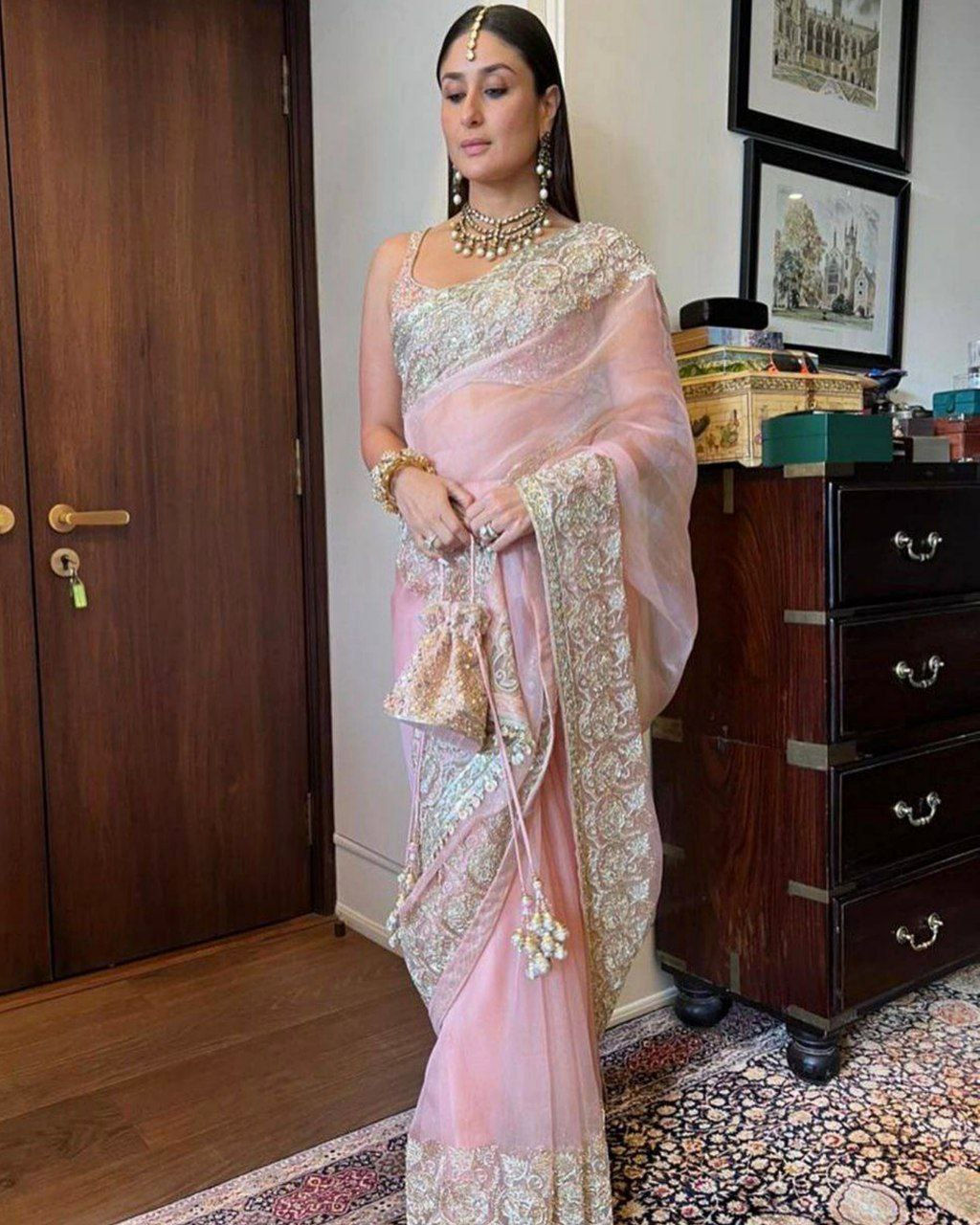 Buy Baby Pink Organza Silk Embroidery Sequence Work Saree With Blouse