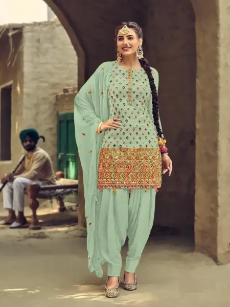 Buy Latest Light Green Embroidery Work Beautiful Patiyala Suit