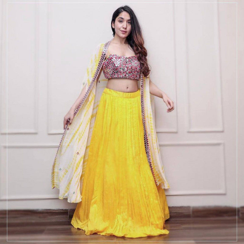 Thumbnail: Buy Wedding Wear Yellow Colored Designer Foil Mirror Work Lehenga