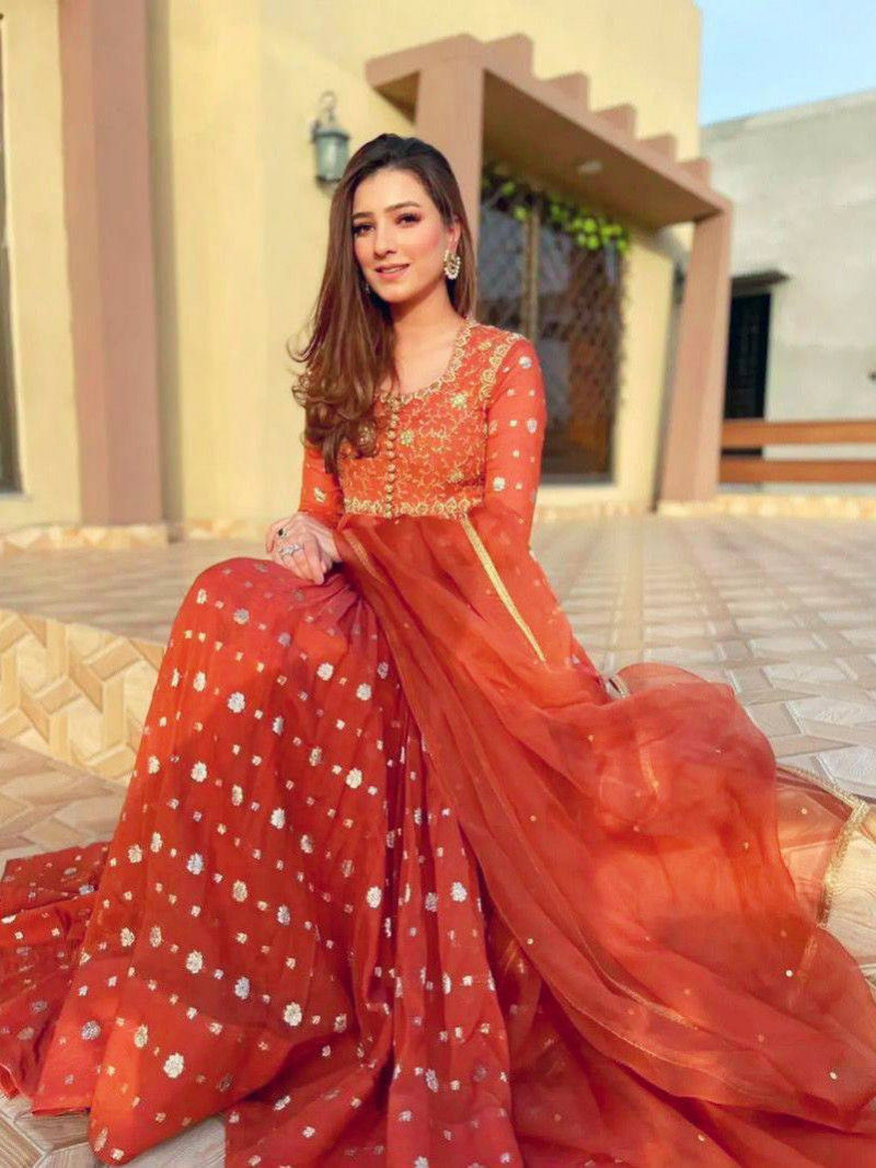 Thumbnail: Buy Demanding Party Wear Orange Colored Embroidery Work Gown